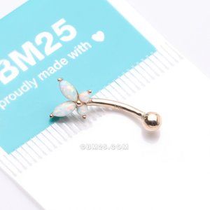 14 Karat Gold Prong Set Marquise Butterfly Fire Opal Sparkle Curved Barbell